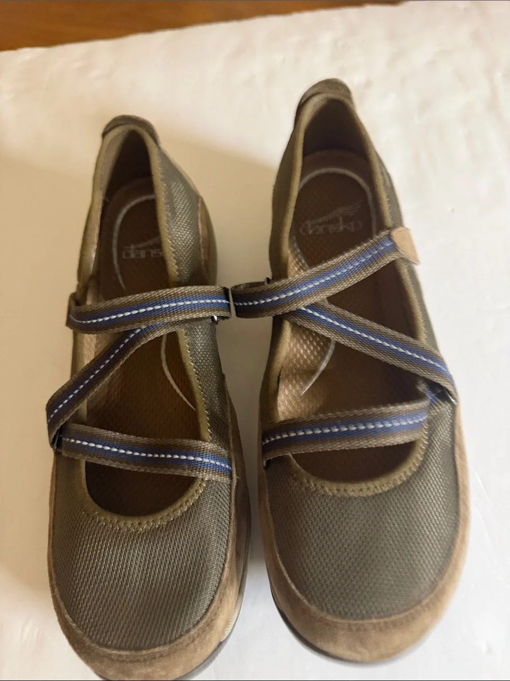 Dansko Olive Green Mary Jane  fabric and suede criss cross straps
